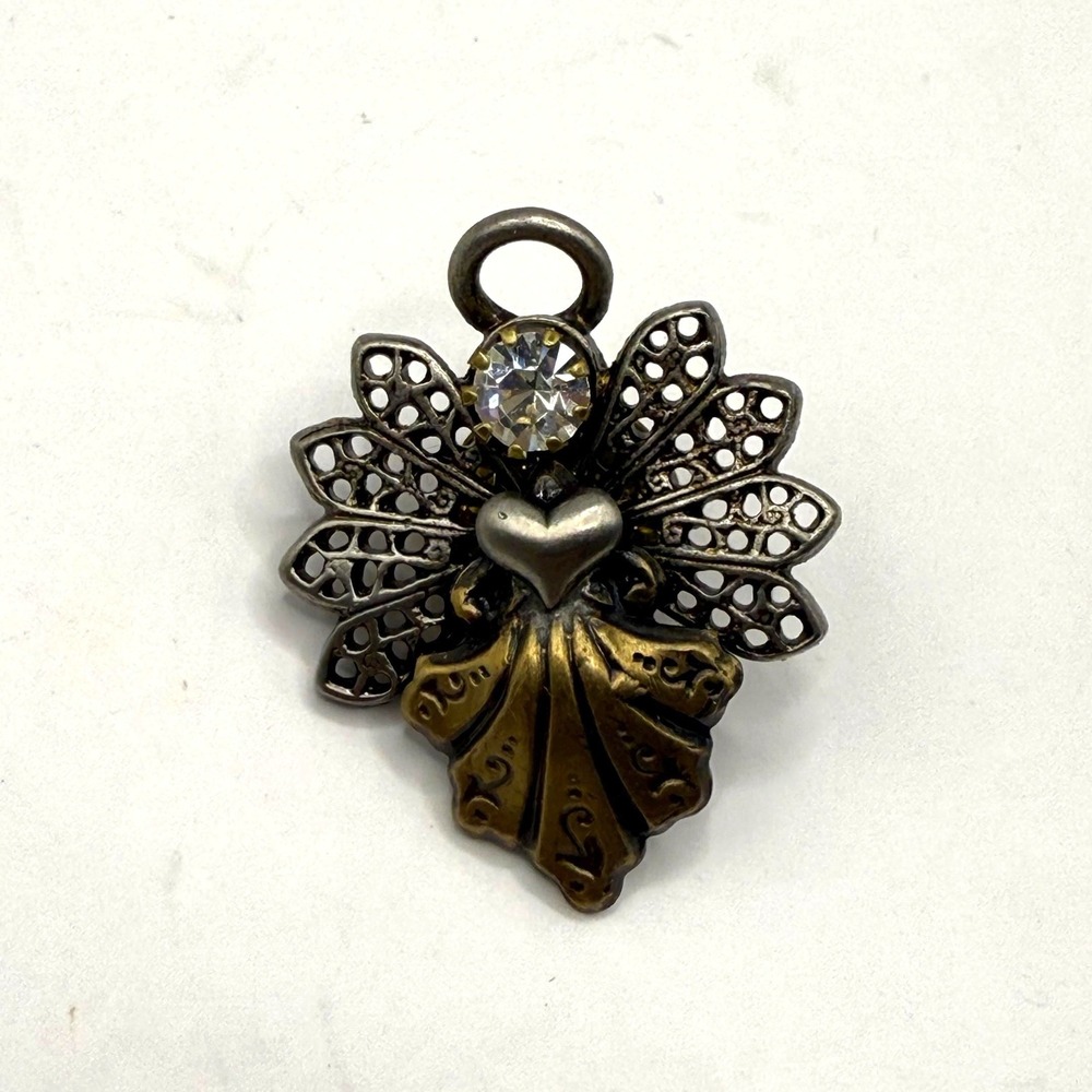 Vintage Rhinestone Angel Heart Brooch‎ – Religious Statement Pin